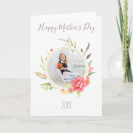 Cartão Floral Simples em Aquarela com Foto Dia das Mães