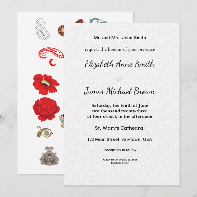 Cartão Floral Wedding Invitation Elegant Red Rose (Frente/Verso)