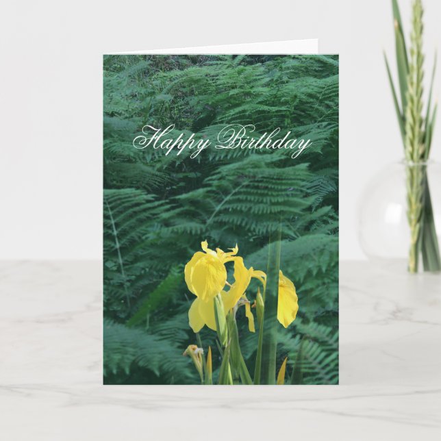 Cartão Floral Yellow Iris and Fern "Happy Birthday" (Frente)