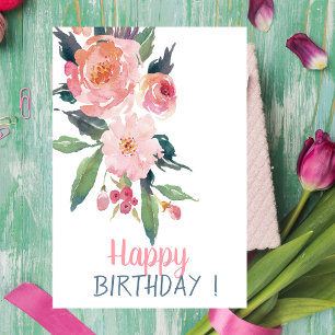 Cartão Flores Adoráveis em Aquarela de Aniversário