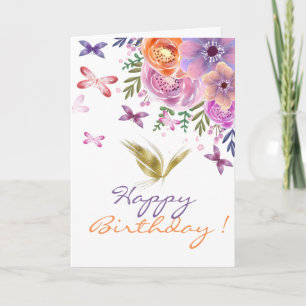 Cartão Flores Aquarela Borboletas Dourado Brilho