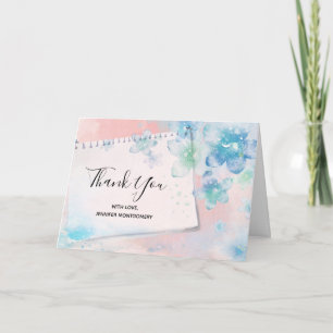 Cartão Flores Azuis bonito em Fundo Rosa Obrigado