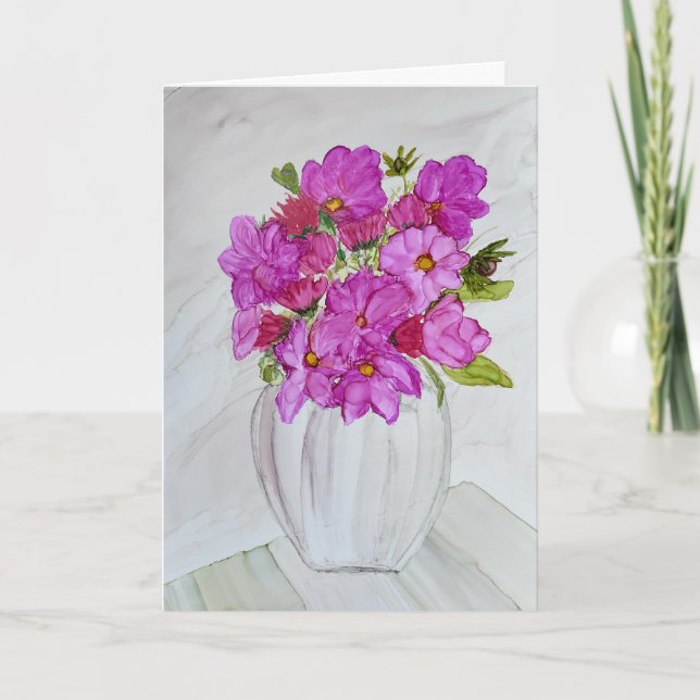Cartão Flores Cor-de-Rosa em Vaso (Frente)