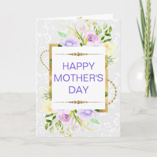 Cartão Flores Creme Roxo & Brilho Dourado Dia das Mães