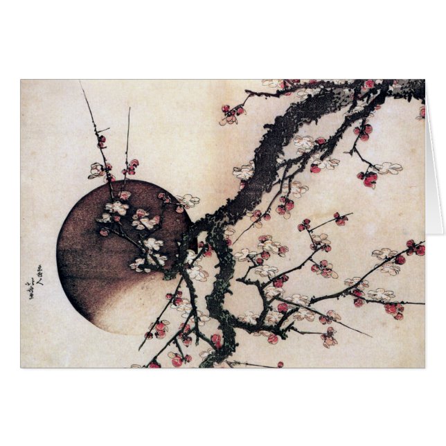 Cartão Flores da ameixa e a lua, Hokusai (Frente Horizontal)