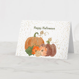 Cartão Flores de Abóboras Laranja do Halloween Douradas