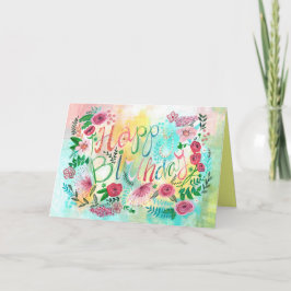Cartão Flores de aniversário cor-de-rosa e amarelo estilo