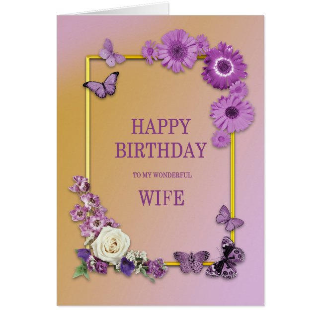 Cartão Flores de Aniversário da Mulher e Borboletas (Frente)