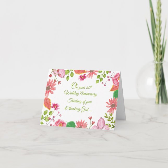 Cartão Flores de Aniversário de Casamento Religioso de 60 (Frente)