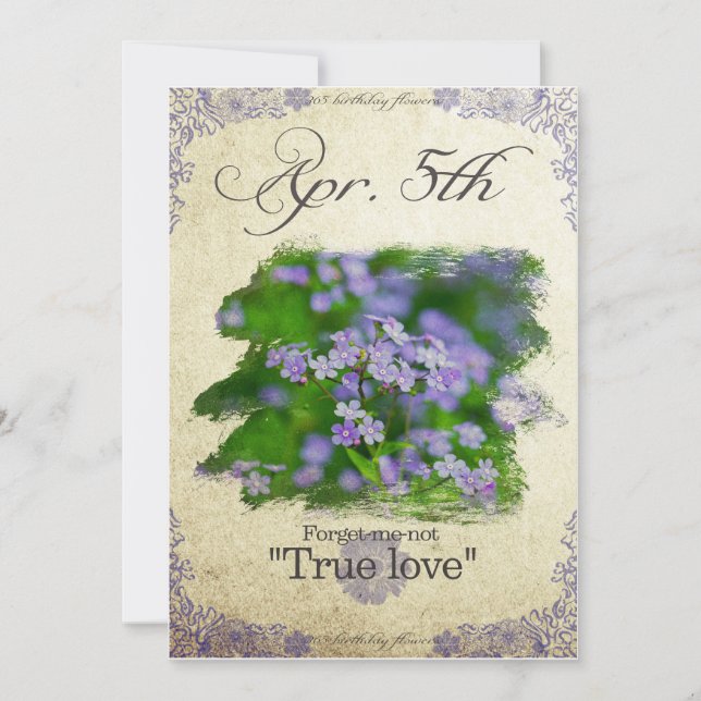 Cartão Flores de aniversário no 5 de abril "Esqueça-me-nã (Frente)