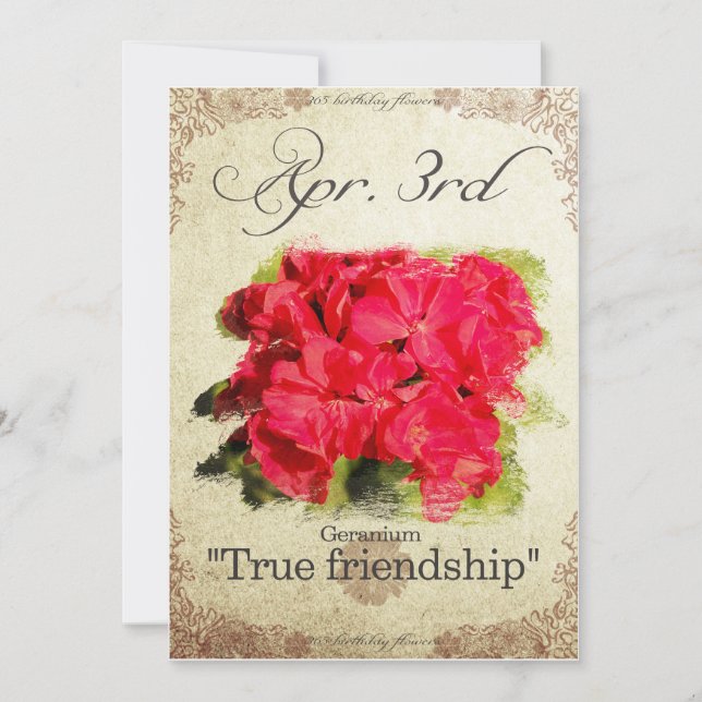 Cartão Flores de aniversário no dia 3 de abril "Geranium" (Frente)