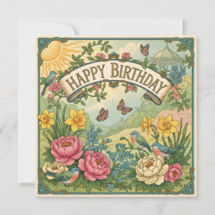 Cartão Flores de Aniversário, Pássaros e Borboletas