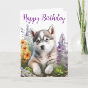 Cartão Flores de Aquarela e Filhote de Husky Siberiano