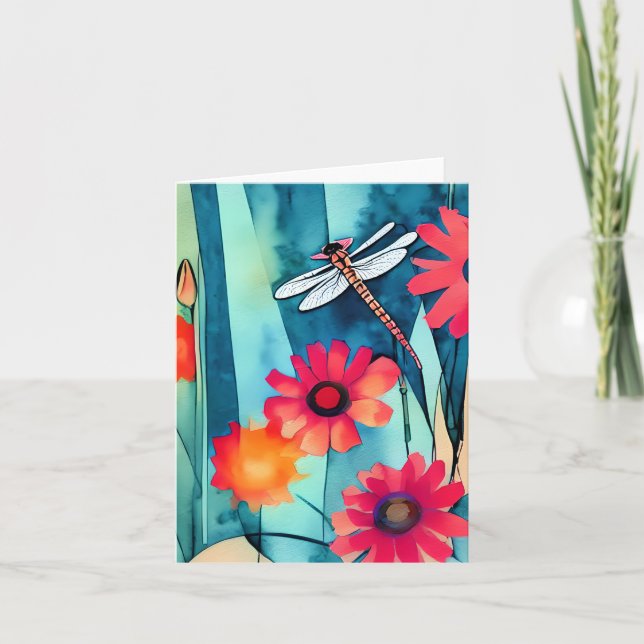 Cartão Flores de aquarela e libélula personalizáveis (Frente)