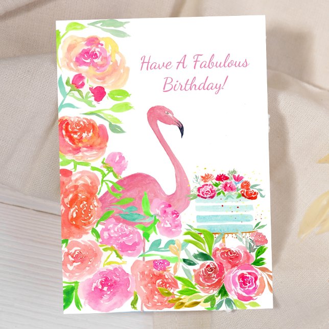 Cartão Flores De Aquarela, Flamingo E Bolo Aniversário (Criador carregado)