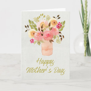 Cartão Flores de Aquarela - Placa de Dia de as mães Feliz