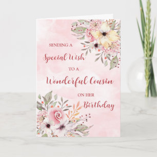 Cartão Flores de Aquarela Rosa Aniversário da Prima