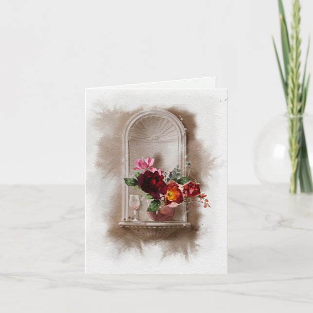 Cartão Flores de Aquarelas e Vidro de Vinho (Frente)