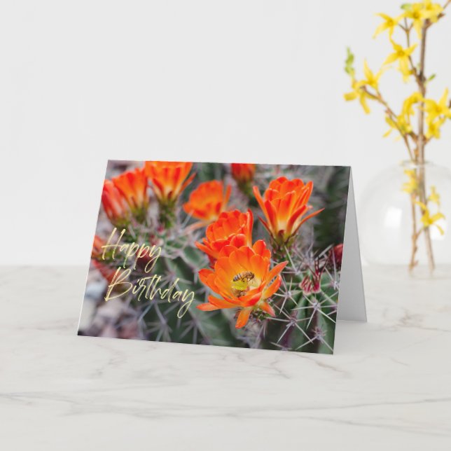 Cartão Flores de Cactus no Deserto e Abelhas | Aniversári (Flor Amarela)