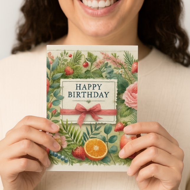 Cartão Flores de Fruta de Aquarela Feliz Aniversário Verd (Botanical birthday cheer strawberries, roses, and pine frame a sweet wish with ribbon and bow )