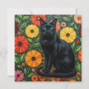 Cartão Flores de Gato Negro e Folhas Coloridas de Arte Fo
