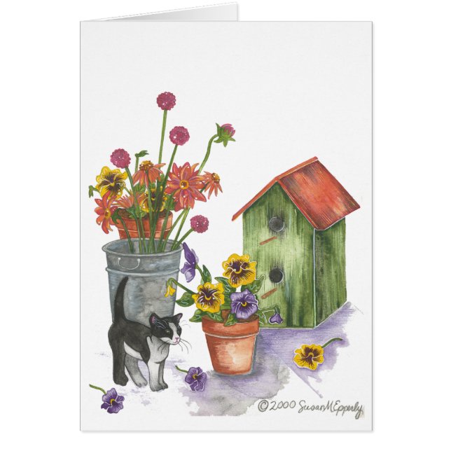 Cartão Flores de Gatos Birdhouse Watercolor "Willie" (Frente)