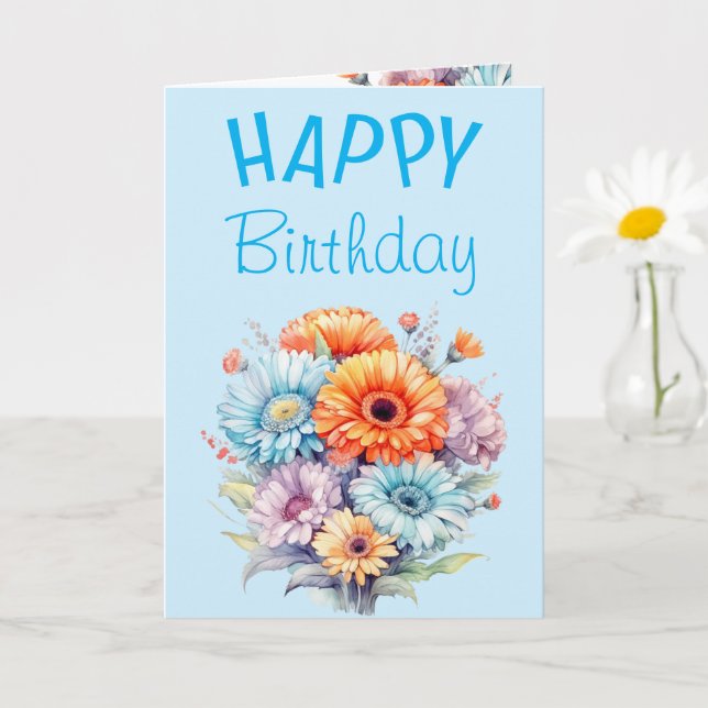 Cartão Flores de gerbera feliz aniversário em branco azul (Planta pequena)