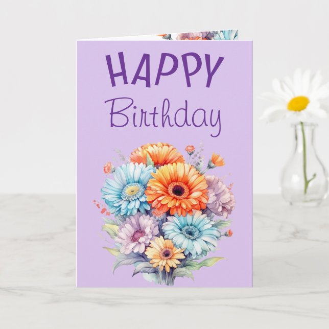Cartão Flores de gerbera feliz aniversário em branco roxo (Planta pequena)