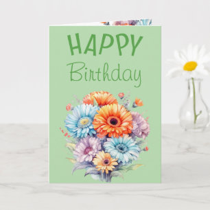 Cartão Flores de Gerbera feliz aniversário em branco verd