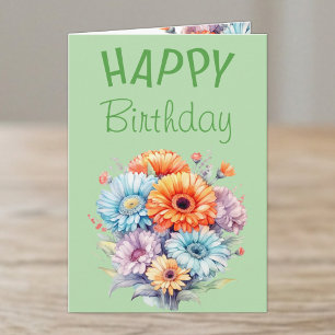 Cartão Flores de Gerbera feliz aniversário em branco verd