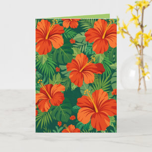 Cartão Flores de Hibisco Vermelho Laranja Verde Folhagem