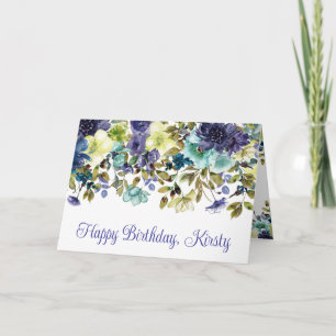 Cartão Flores de Inverno em Aquarela Azul e Branco Aniver