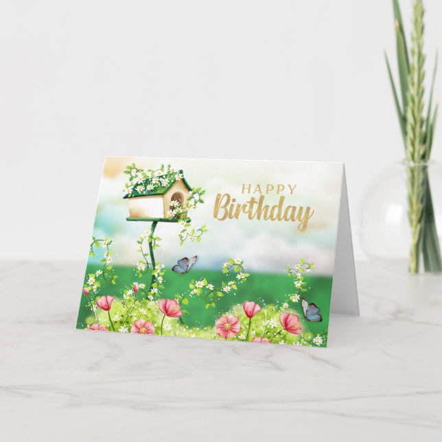 Cartão Flores de Jardim de Aniversário e Casa de Pássaros (Frente)
