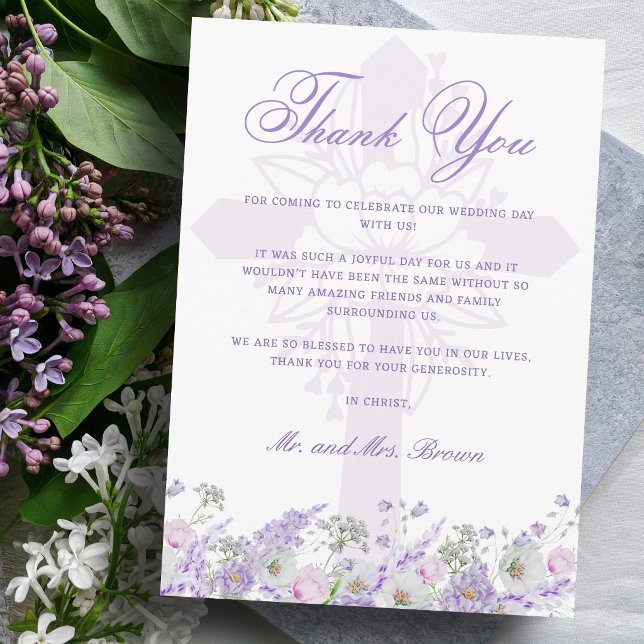 Cartão Flores de Lilás Agradecimento de Casamento Religio (Criador carregado)