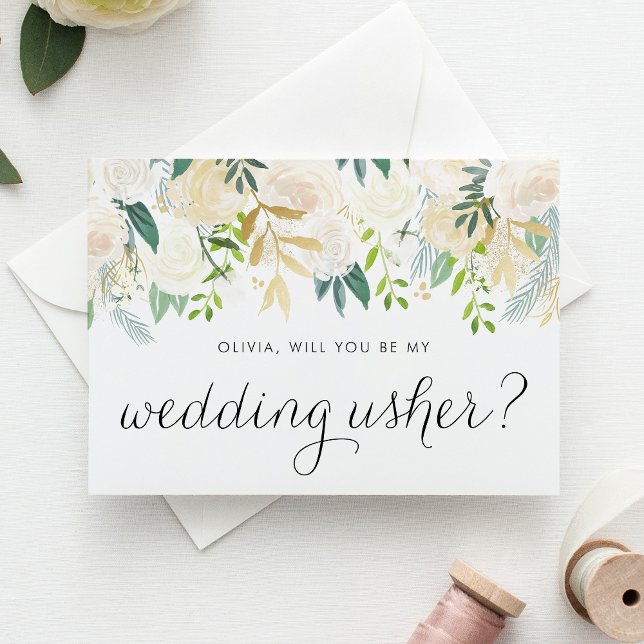 Cartão Flores De Mal-De-Marfim Você Será Minha Almofada D (Elegant wedding usher proposal card featuring ivory flowers, greenery, and faux gold foil accents.)