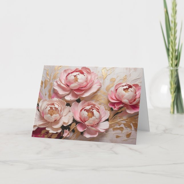 Cartão Flores de Peônia Rosa e Dourado Abstratas (Frente)