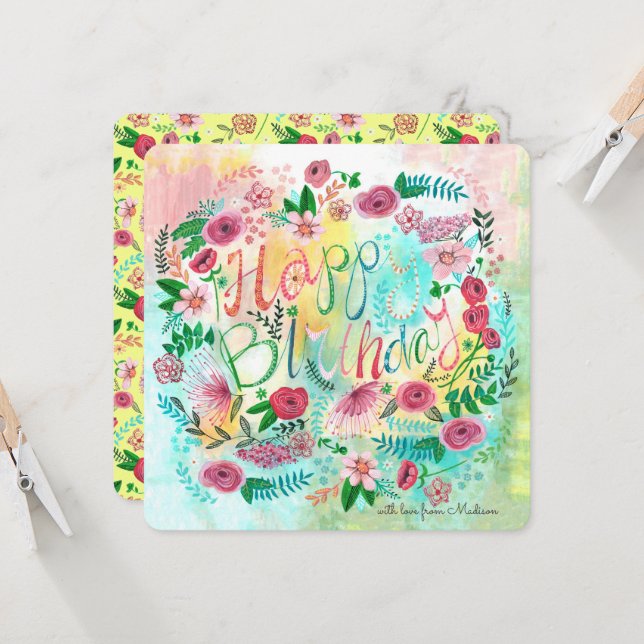 Cartão Flores de Primavera cor-de-rosa e amarela botânica (Frente/Verso In Situ)