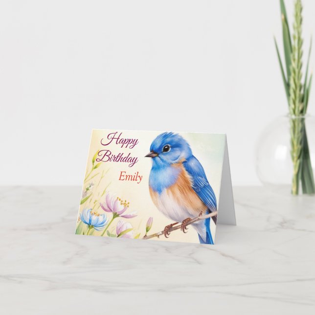Cartão Flores de primavera de Aves Azuis Personalizadas (Frente)