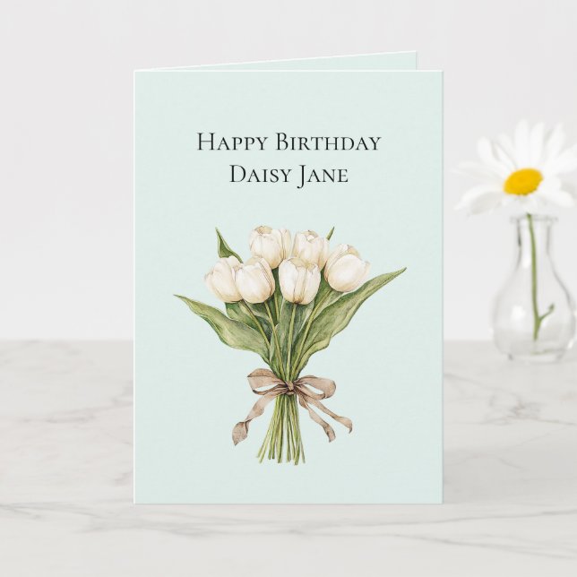 Cartão Flores de Tulipa Brancas de Hortelã Aniversário (Planta pequena)