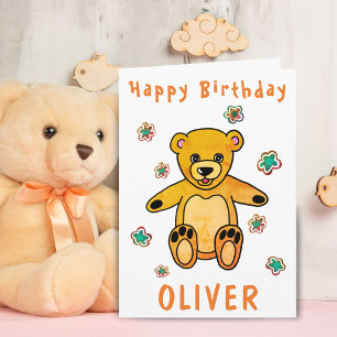 Cartão Flores de Urso Teddy Fofo Feliz Aniversário Crianç