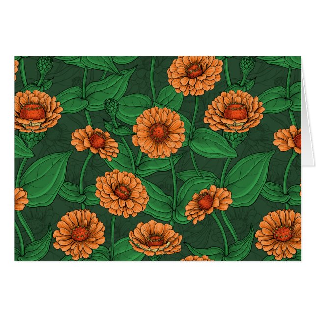 Cartão Flores de Zinnia laranja, folhas verdes em verde e (Frente Horizontal)