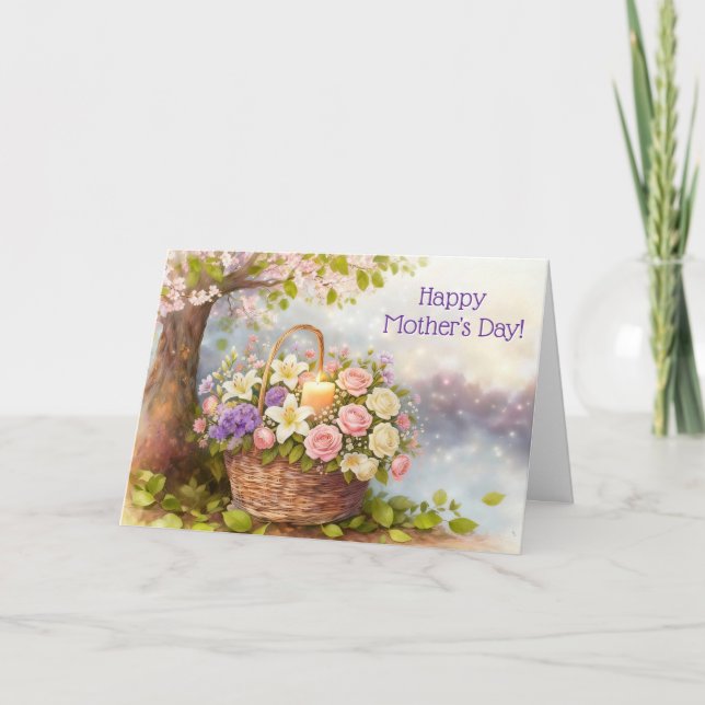Cartão Flores do Dia das Mães Cesta Floral com Vela (Frente)
