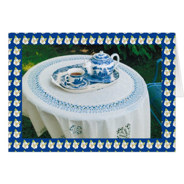 Cartão Flores do tempo do chá azul e branco (Frente Horizontal)