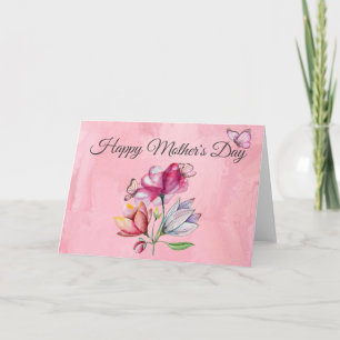 Cartão Flores e Borboletas em Aquarela Rosa