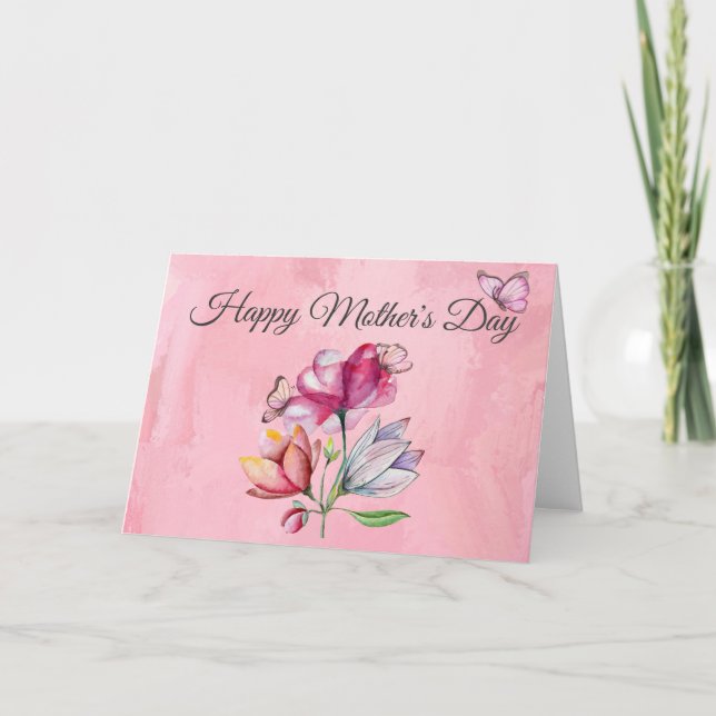 Cartão Flores e Borboletas em Aquarela Rosa (Frente)