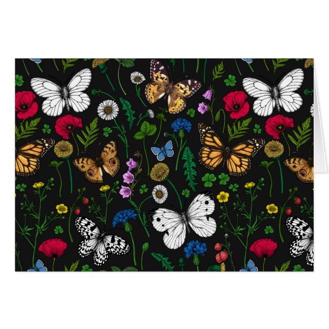 Cartão Flores e borboletas selvagens a preto (Frente Horizontal)