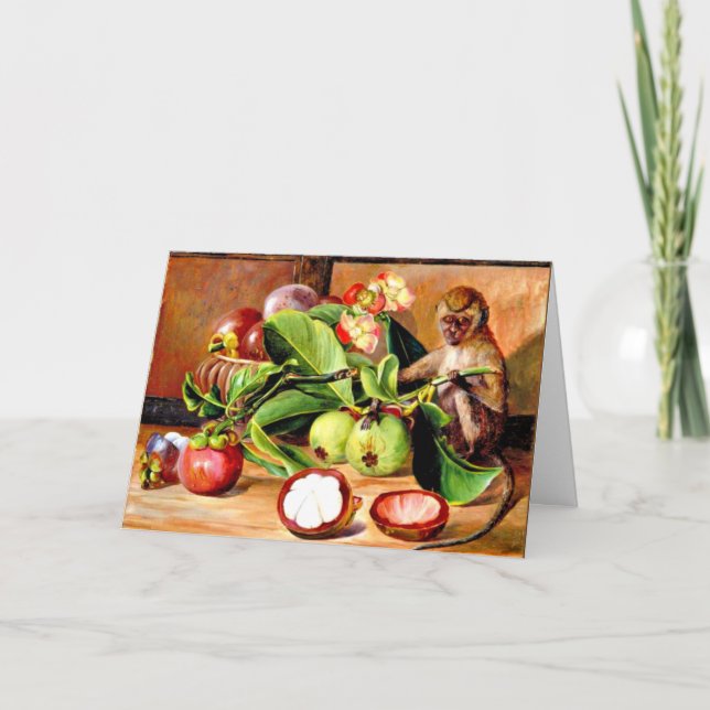 Cartão Flores e frutas de Mangosteen; Macaco de Singapura (Frente)