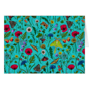 Cartão Flores e mariposas selvagens em teal