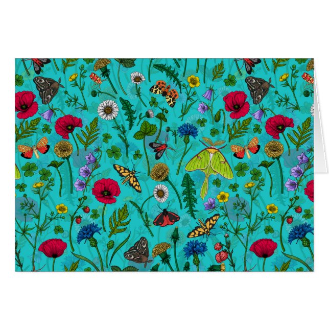 Cartão Flores e mariposas selvagens em teal (Frente Horizontal)