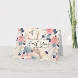 Cartão Flores e padrão de Paris Eiffel Tower Obrigado